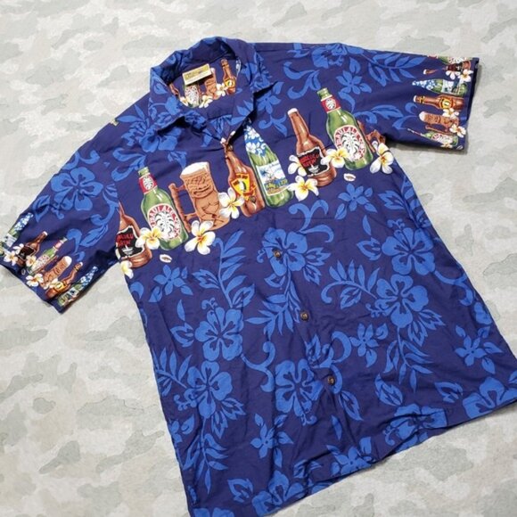 Winnie Fashion Shirt Mens Medium Blue Short Sleeve Button-Up Hawaiian Beer - Picture 2 of 5